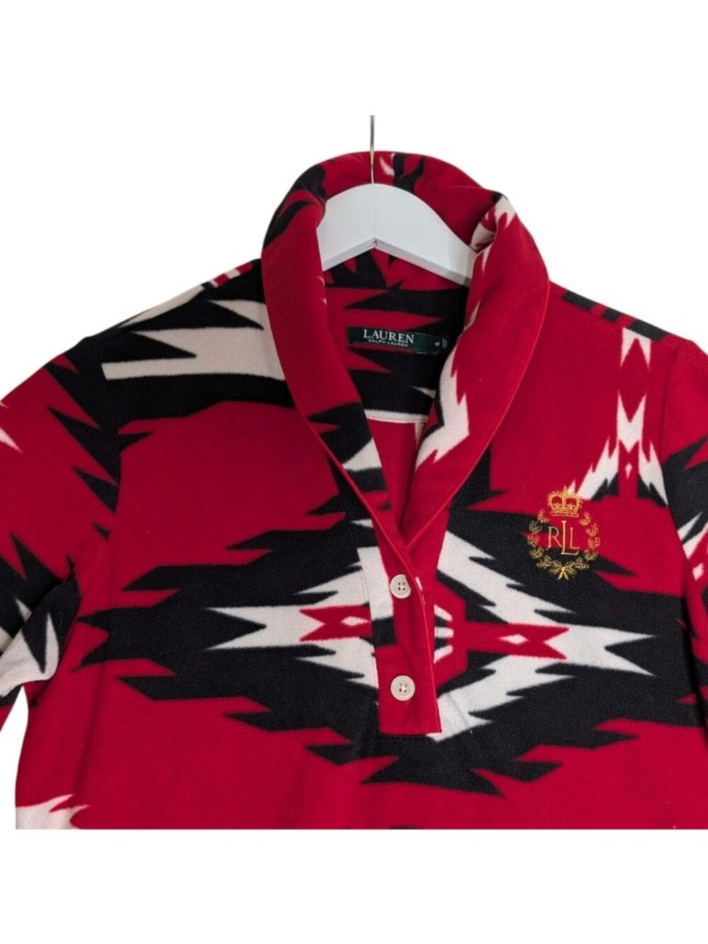 Ralph Lauren Red Aztec Fleece Nightgown Sz M Pockets & Embroidered Crest Logo - Picture 2 of 12